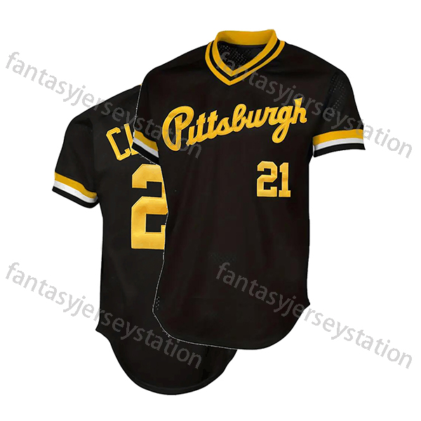 In Stock Men's Polyester 21 Black Baseball Jersey - V-Neck, Polyester, Adult Unisex, CLEMENTE Embroidered Short Sleeve Sports Top for Training, S