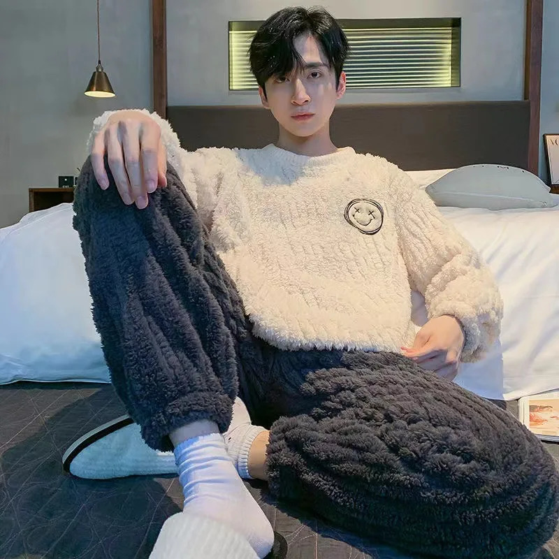Thickened Warm Flannel Men Pajamas Round Neck Autumn and Winter Young Large Size Homewear Solid Striped Sleepwear Loungewear 250103