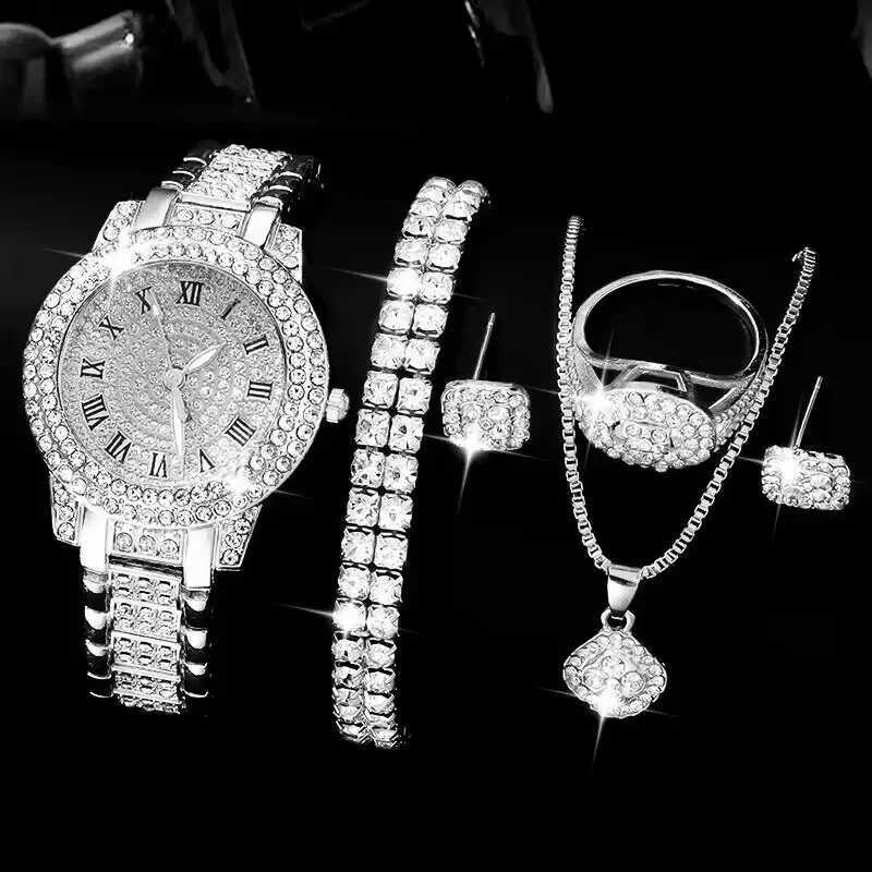 Golden womens ring necklace earrings rhinestone fashion watch womens casual womens bracelet set clock W250104