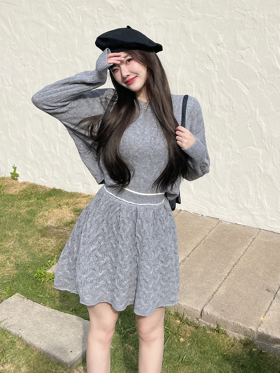 CL16655 Girls Cable Series Loose Sweater Jacket Women's Autumn High-end Knitted Sweater Short Skirt Set