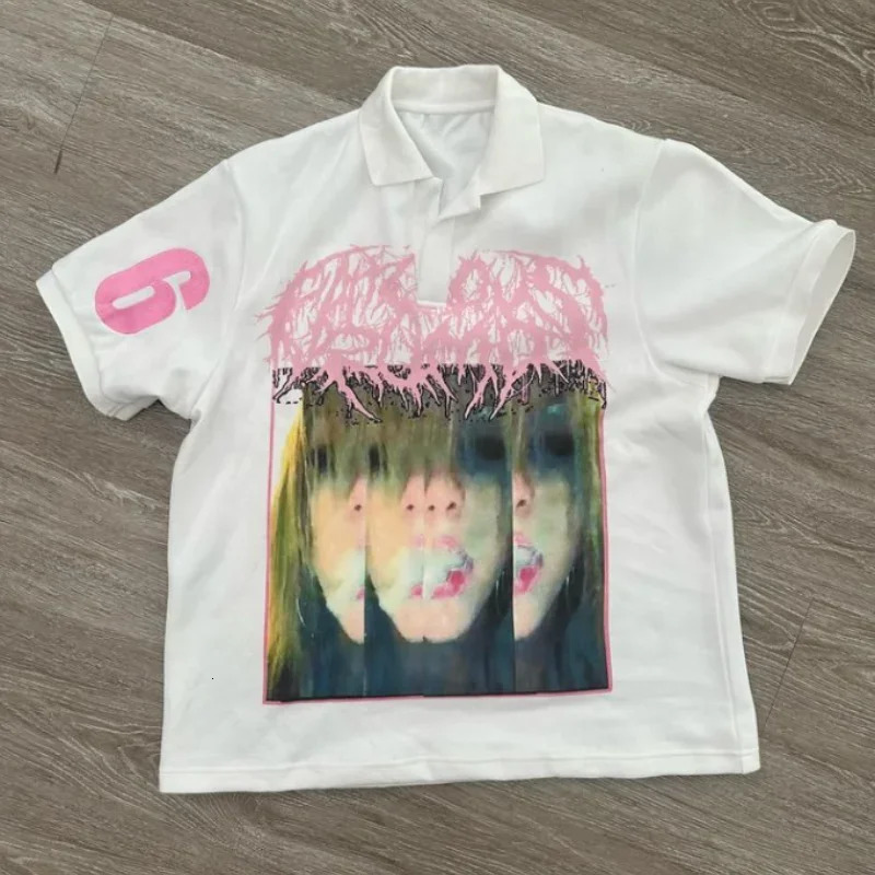 Y2K Punk Goth Style Fashion Personality Unique Polo Shirt Street Hip Hop Harajuku Men Short Sleeved Graffiti Summer Dress 250103