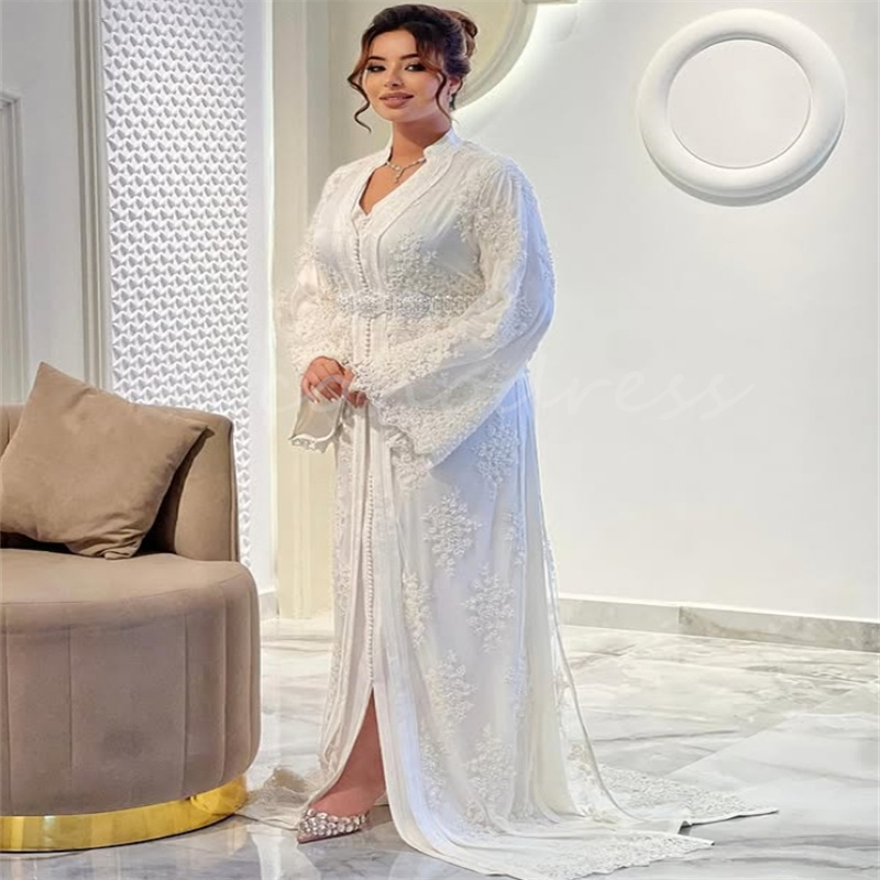 White Moroccan Turkish Wedding Dress Ramadan Kaftan Dubai Arabian Bride Dress Lace Long Sleeve Irish Viking Bridal Gown Plus Size Vestio De Novia 2025