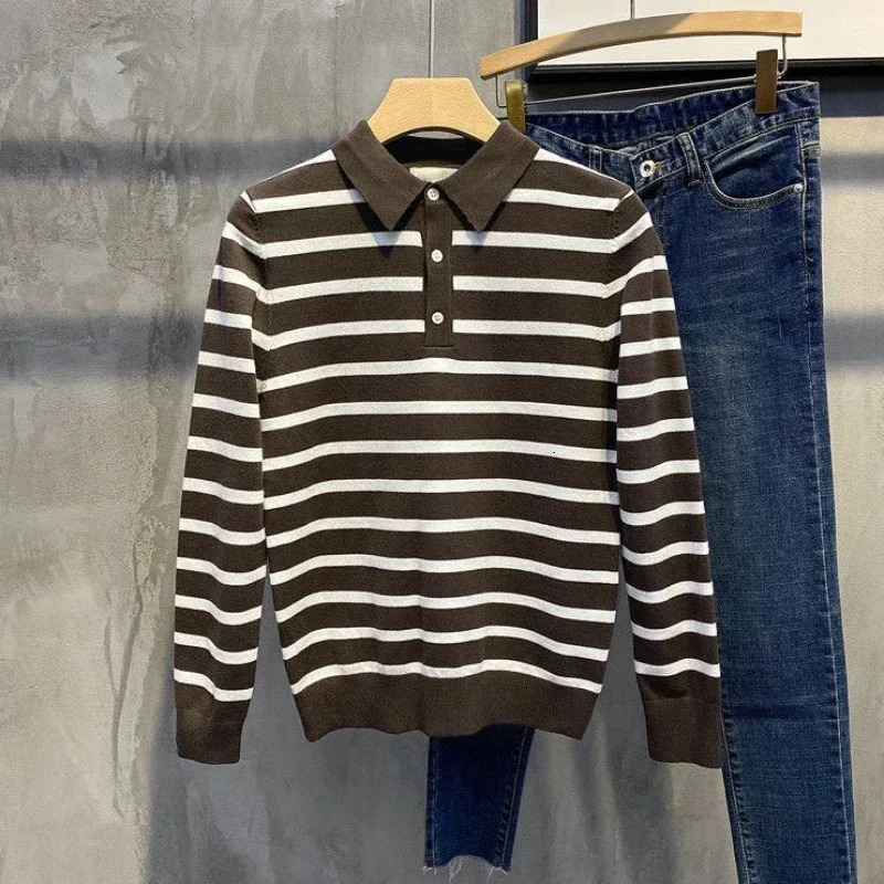 Knitted Winter Tight Mens Clothing Ultra Thin Fit Mens Polo Shirt Green Stripe High Quality Bulk Original Full Set XL 250103