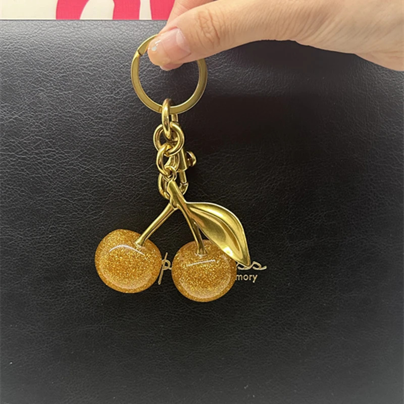 Sparkling Gold Cherry Pendant For Handbag Shoulder Bags Womens Purse Keychain Charm Festive Christmas Accessory250103
