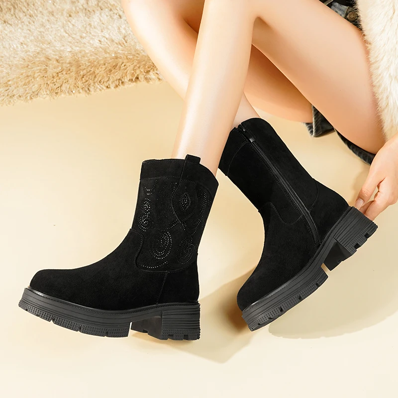 AIYUQI Western Cowboy Boots Women Genuine Leather Winter Shoes Boots Women Short Tube Fashion Women's Snow Boots