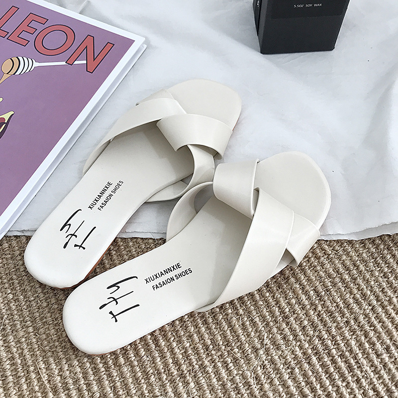 Summer New Ddmywed Cross Flat Bottom One Word Slippers Soft Sole Korean Edition Simple Hundred Outwear Solid Color Chinese Brand Shoes F Ddmysaturn