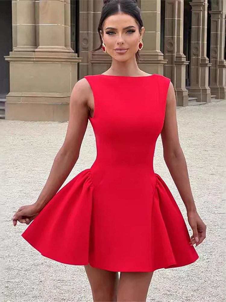 Fashionable solid sleeveless womens clothing elegant backless A-line womens party dress 2025 spring ultra-thin evening club womens clothing 250103