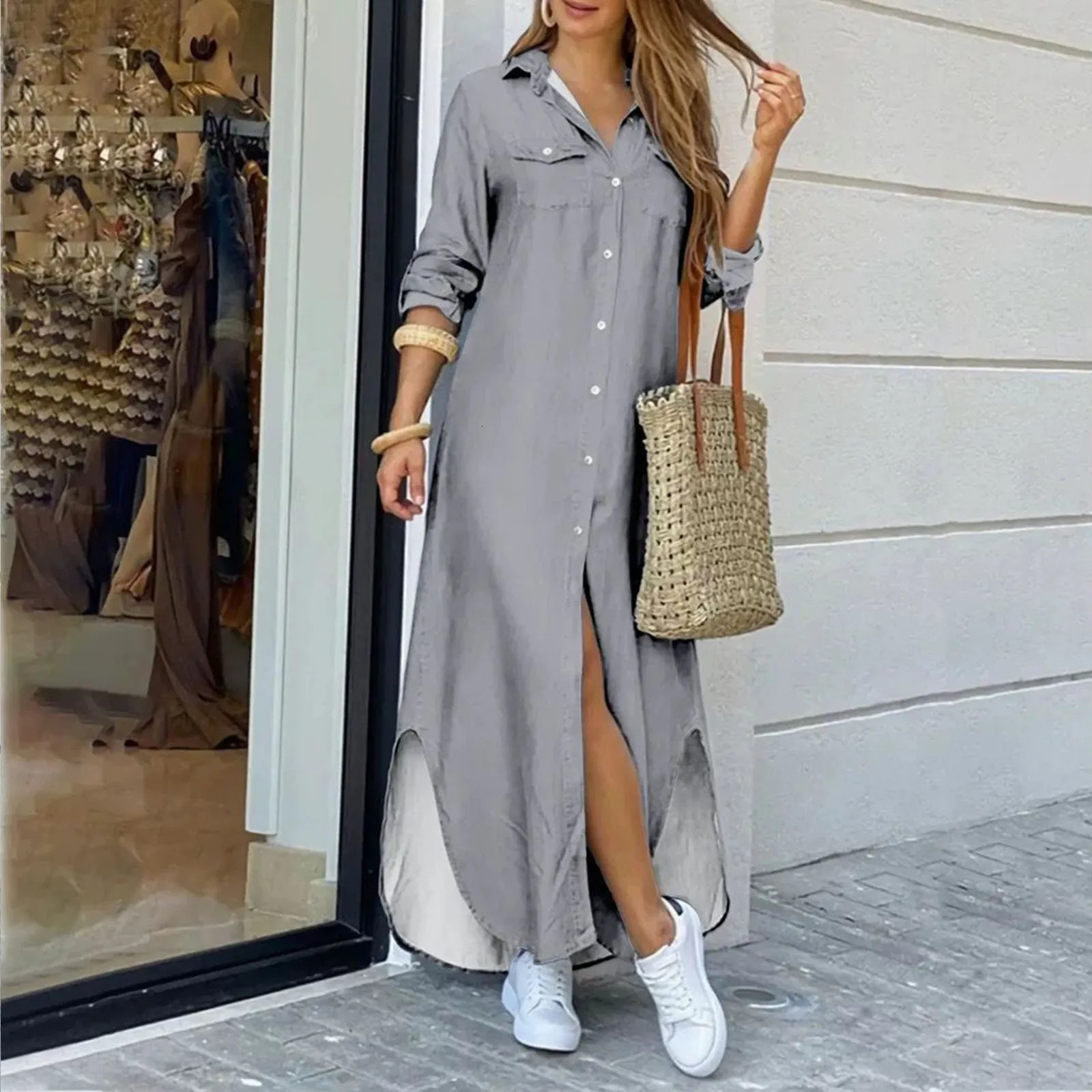 Summer Fashion Elegant Shirt Dress Womens 2025 Printed Long Sleeve Button Womens Office Holiday Casual Clothing Womens Long Skirt 250103