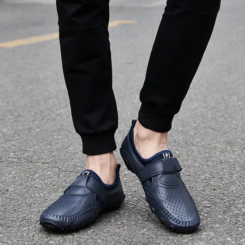 Genuine Leather Casual Italian Hollow Out Men Loafers Summer Breathable Driving Shoes Slip On Moccasins Atos Hombre