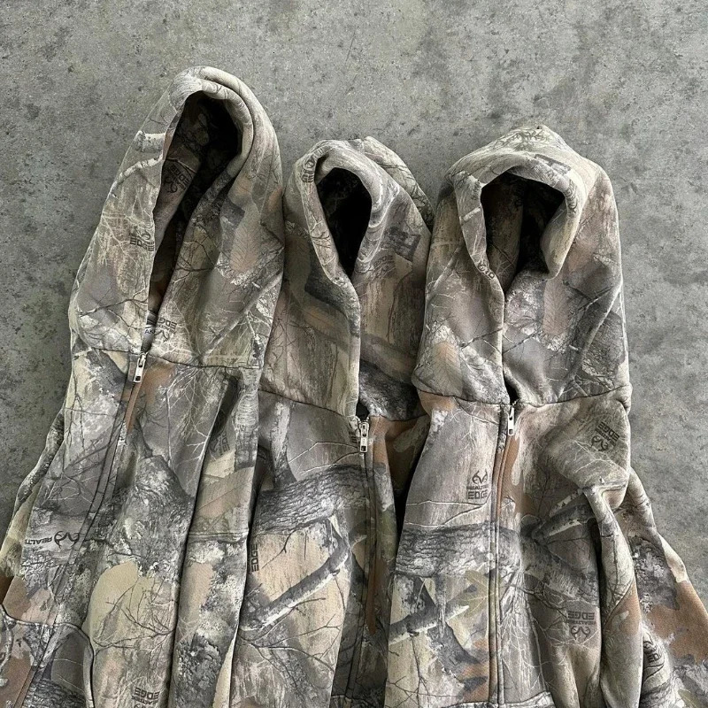 Y2k Camouflage Zipper Hoodie Men Clothing Oversized Zipper Sweatshirt American High Street Hip Hop Streetwear Unisex Camo Hoodie 250103