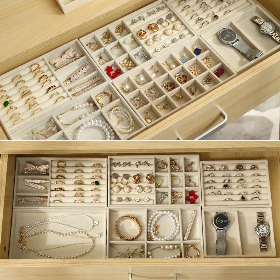 Velvet Jewelry Tray Storage Drawer Small Stackable Beige Boxes and Packaging Suitable for Ring Earrings Simple Practical 241225