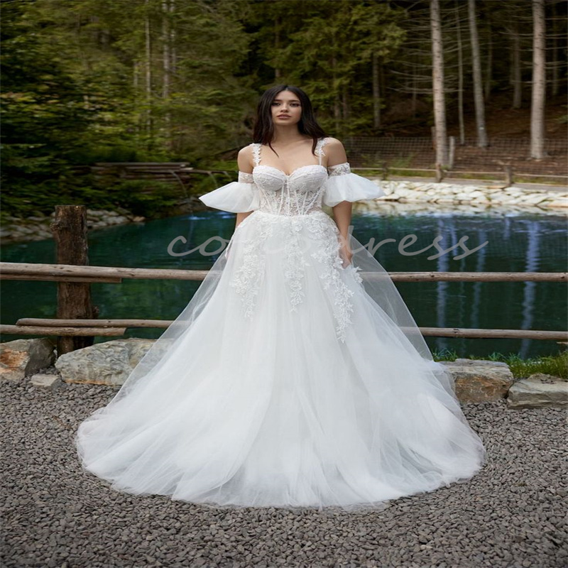 Ethereal Lace Boho Wedding Dress A Line Short Sleeve Civil Tulle Gatsby Bride Dress Celtic Bohemian Bridal Dress Country Spaghetti Straps Vestio De No