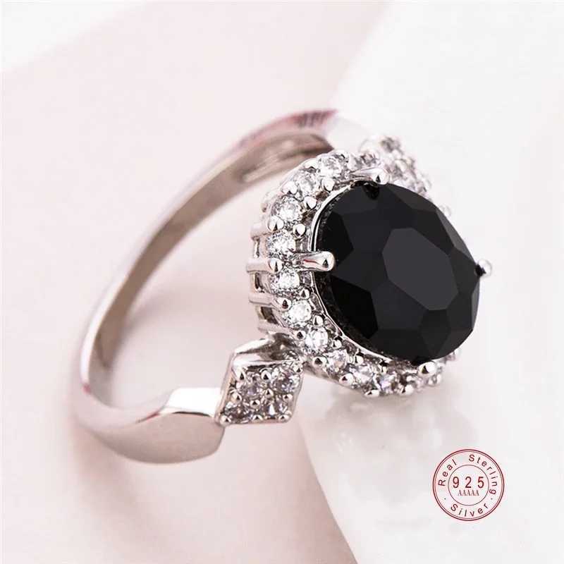 Genuine Jewelry 925 Sterling Silver Stackable Ring Round Black CZ Crystal Finger Ring for Women Wedding Party Bague BijouxXJ250514