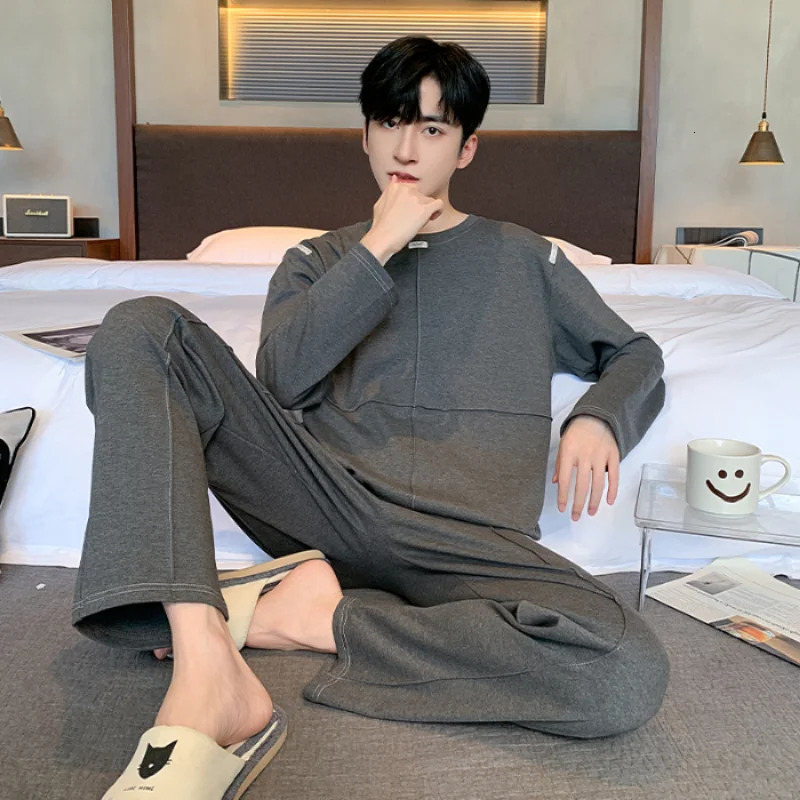L6XL Striped Print Oneck Plus Size Mens Pajamas Fashion Mature Men Combed Cotton Nightwear Autumnwinter Lounges Y2k 250103