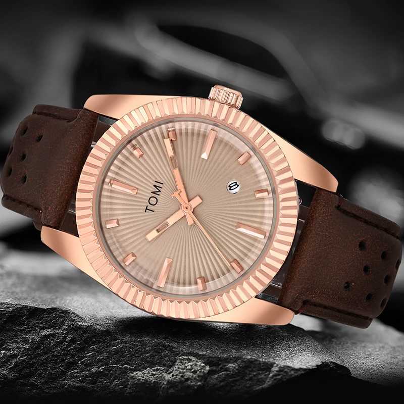 TOMI Mens Fashion Classic Mens and Womens Paradigm Trend Bus Calendar Brown Leather Quartz W250104