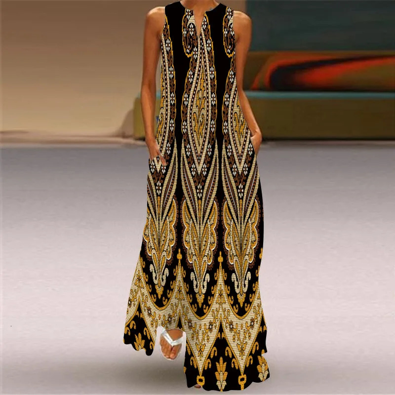 Retro printed womens summer loose sleeveless long skirt elegant womens V-neck pocket bohemian beach sun skirt Vestdos 250103