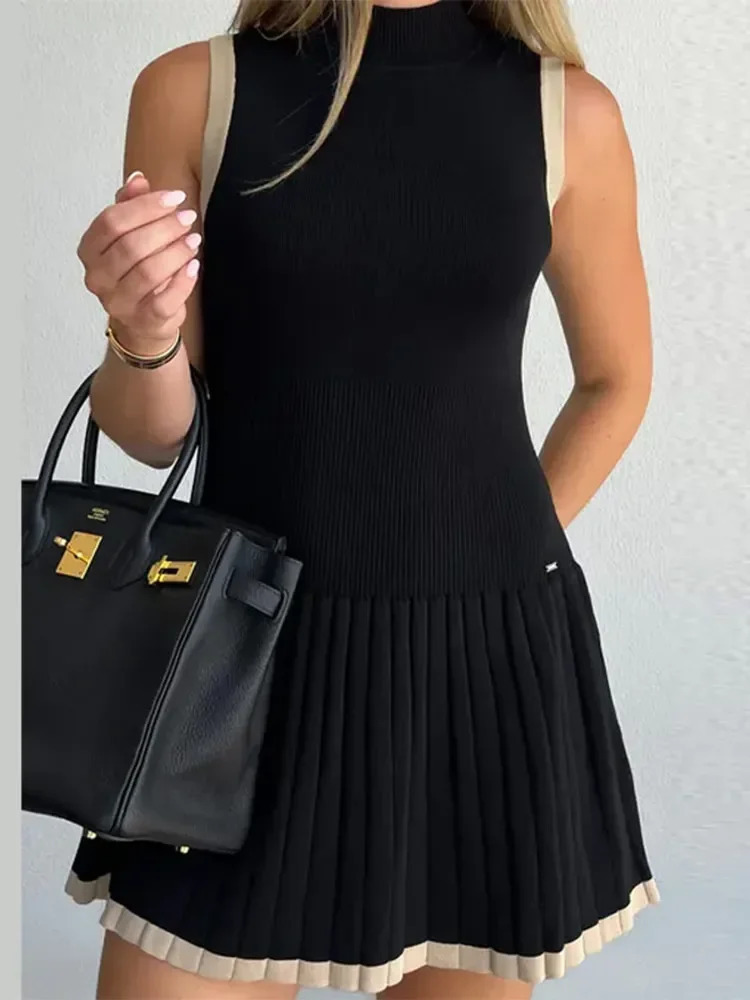 Womens Sexy Color Blocking Knitted O-neck Mini Dress Elegant Sleeveless High Waist Pleated Dresses Lady High Streetwear Robes 250102