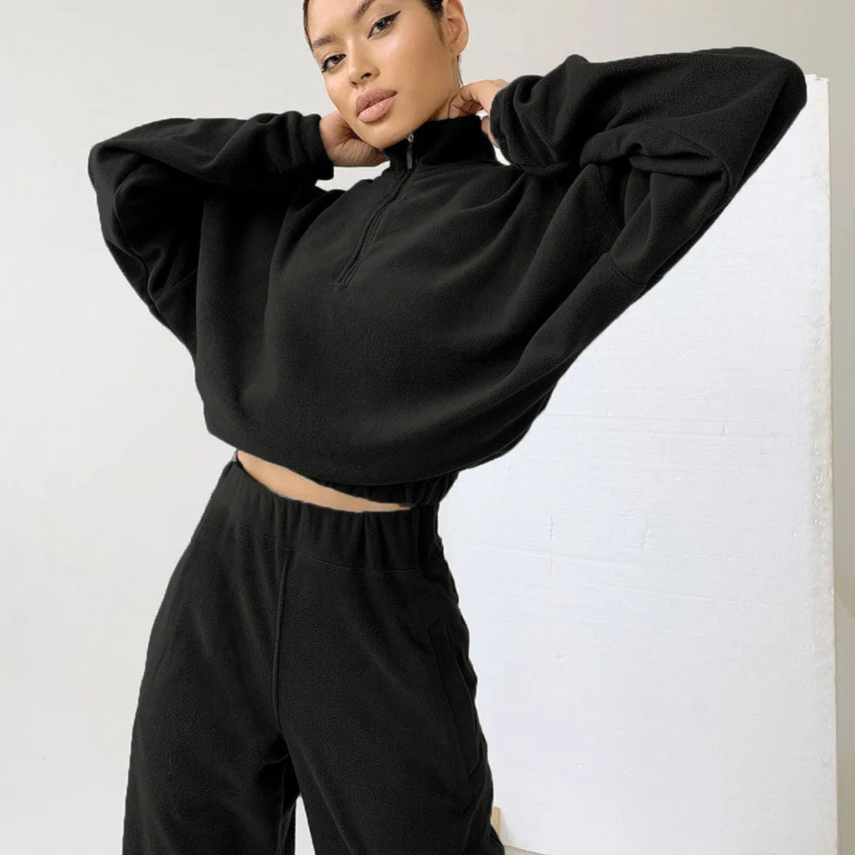 Fashionable womens sports 2-piece set casual long sleeved half height lapel zipper hooded sweatshirt pocket mens loose suit womens pants set 241230
