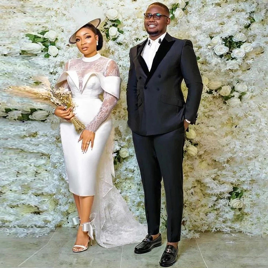 Modern Lace Wedding Dress Sheath HIgh Collar Long Sleeves Short Wedding Gown Backless Lace Up Tea Length Elegant Marriage Dress