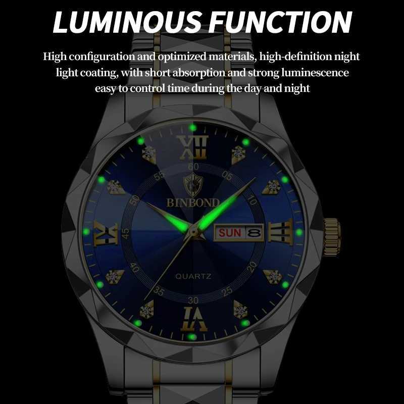 BINBOND Top Brand Luxury Fashion Quartz Mens Waterproof Week Date Clock Stainless Steel Sports Mens Quartz Watch W250104