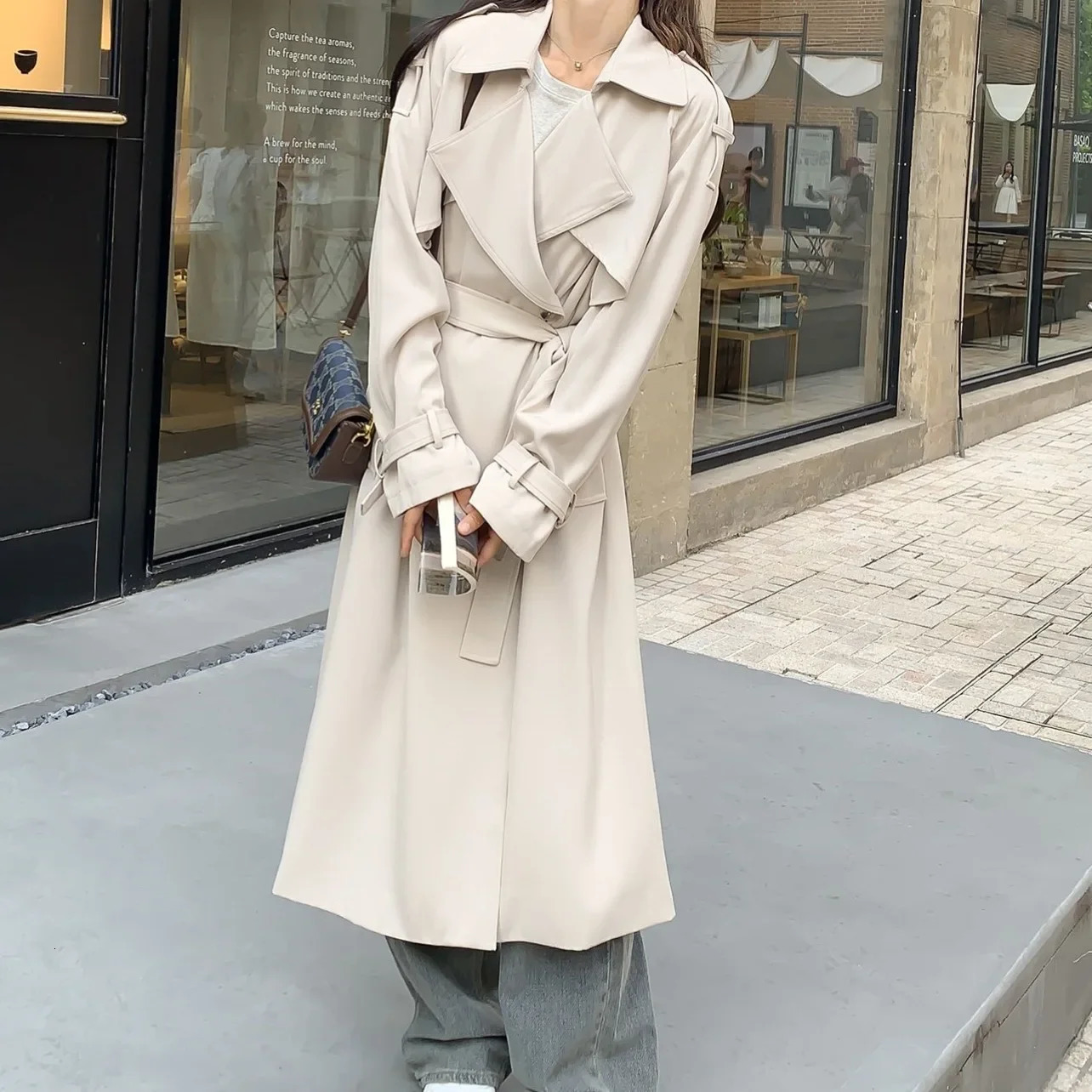 Loose Long Trench Coat In Beige Autumn 2024 Double Breasted Sleeve Elegant Slimming Korean Style Womens Outerwear 250102