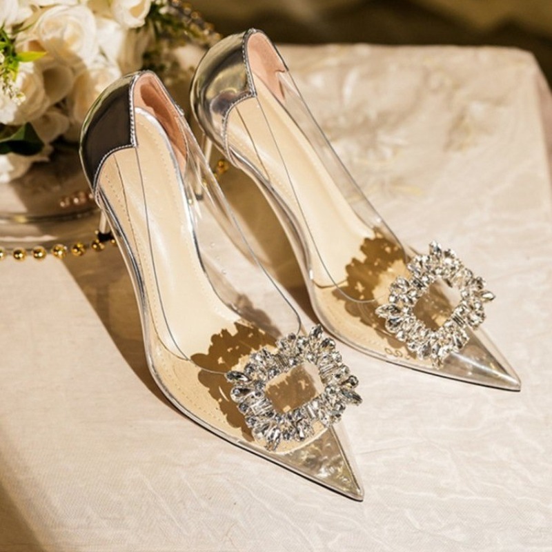 Transparent Rhie Square Buckle High 2024 Spring And Summer New Sexy Pointed Toe Shallow Mouth Stiletto Heels