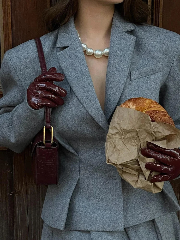 Elegant Women Grey Woolen Blazer Coat Skirt Suits Fashion Lapel Full Sleeves Coats Long Pleated Skirt Set Autumn Lady Outfits 241224