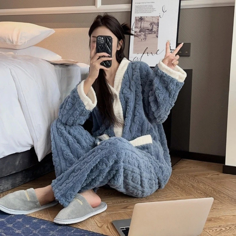 2pcsSet Autumn and Winter Pajamas Women Thickened Padded Warm Students Coral Girls Clot Velvet Suit Homewear Cardigan Trousers 250103