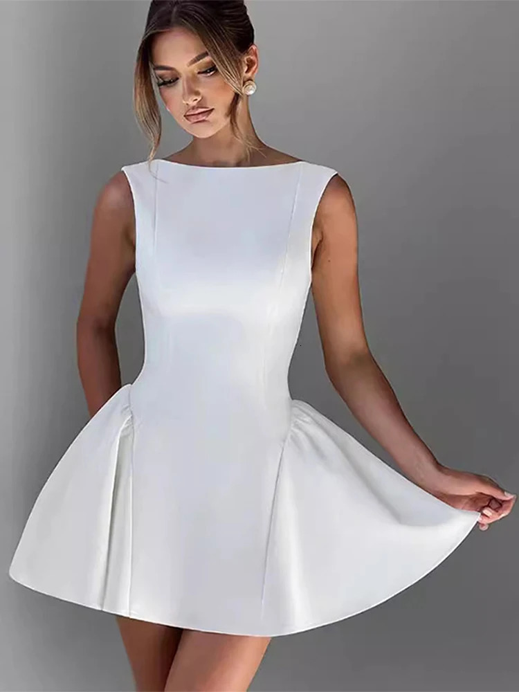 Fashionable solid sleeveless womens clothing elegant backless A-line womens party dress 2025 spring ultra-thin evening club womens clothing 250103