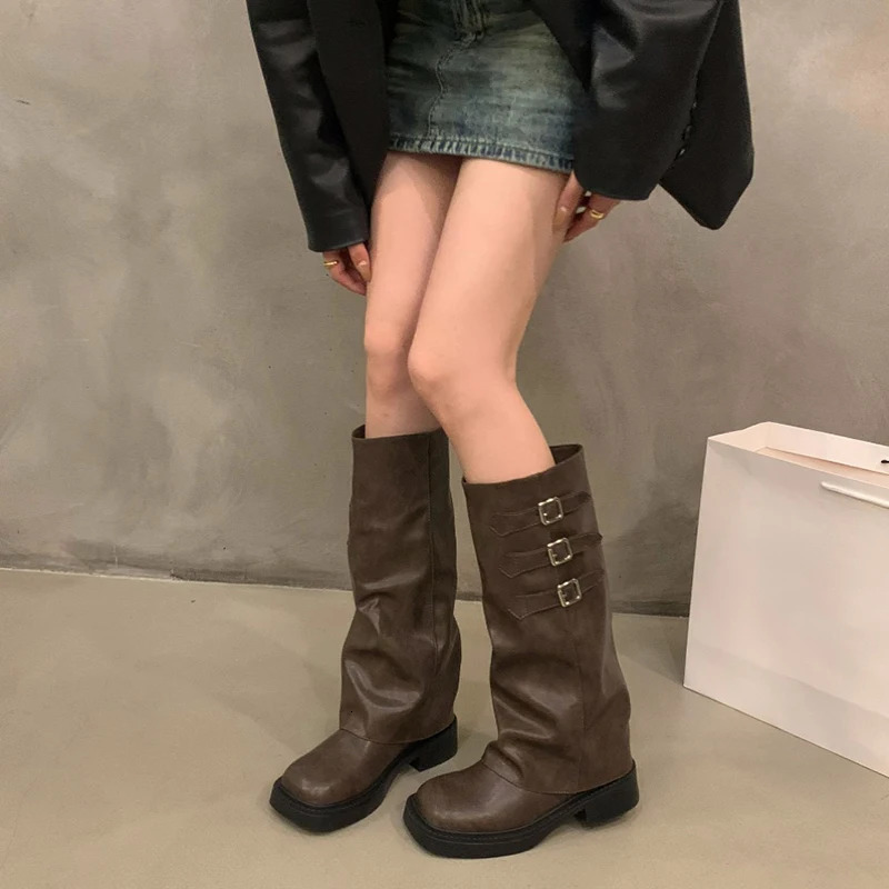 Retro Style Knee High Boots Women Fashion Ladies Slip On Knight Long Boots Autumn Winter Womens Footwear 250103
