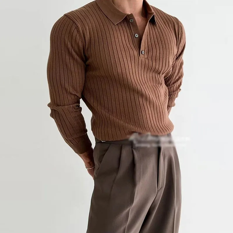 Autumn long sleeved knitted polo shirt mens fashion ribbon solid color ultra-thin polo T-shirt knitted mens casual button lapel zipper 250103