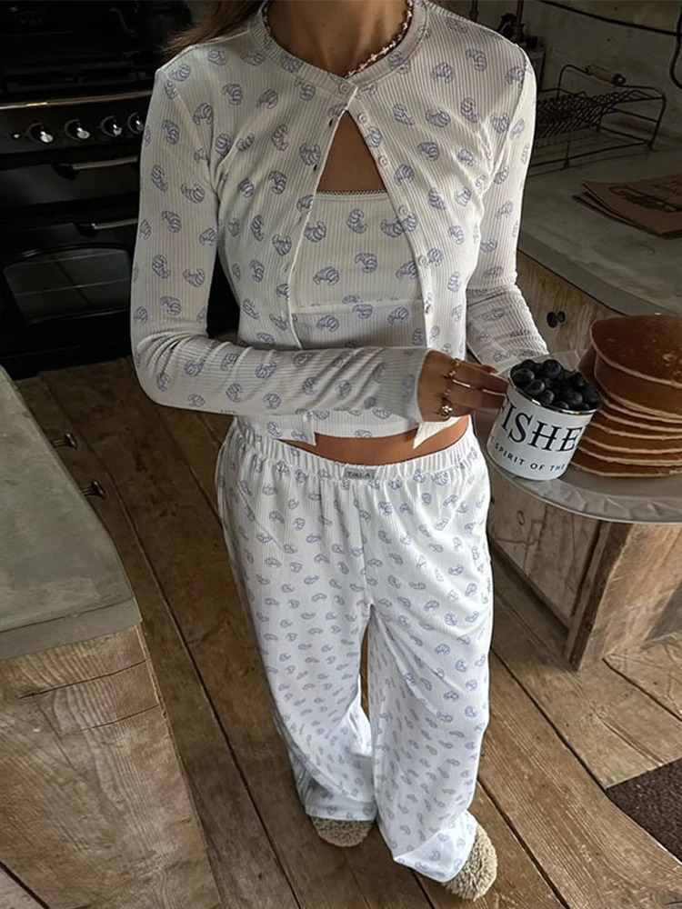 3 Pieces Pajama Sets Women Printed Spaghetti Strap Top Long Sleeve Cardigan Elastic Wide Leg Pants Sleepwear Nightwear Homewear 250103