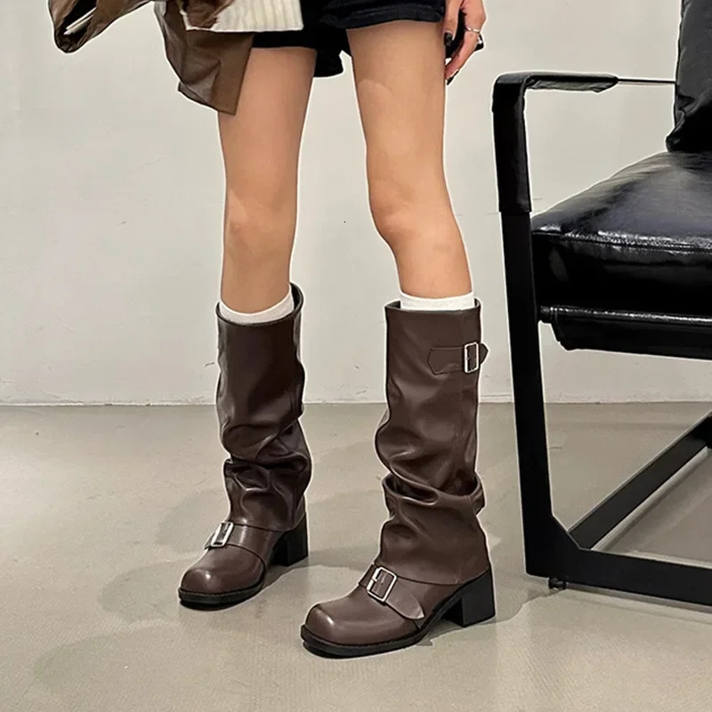 Comemore Autumn Women Biker Boots Fashion Belt Buckle Ladies Elegant Platform Long Pipe Booties Casual Womens Knee High Boots 250103