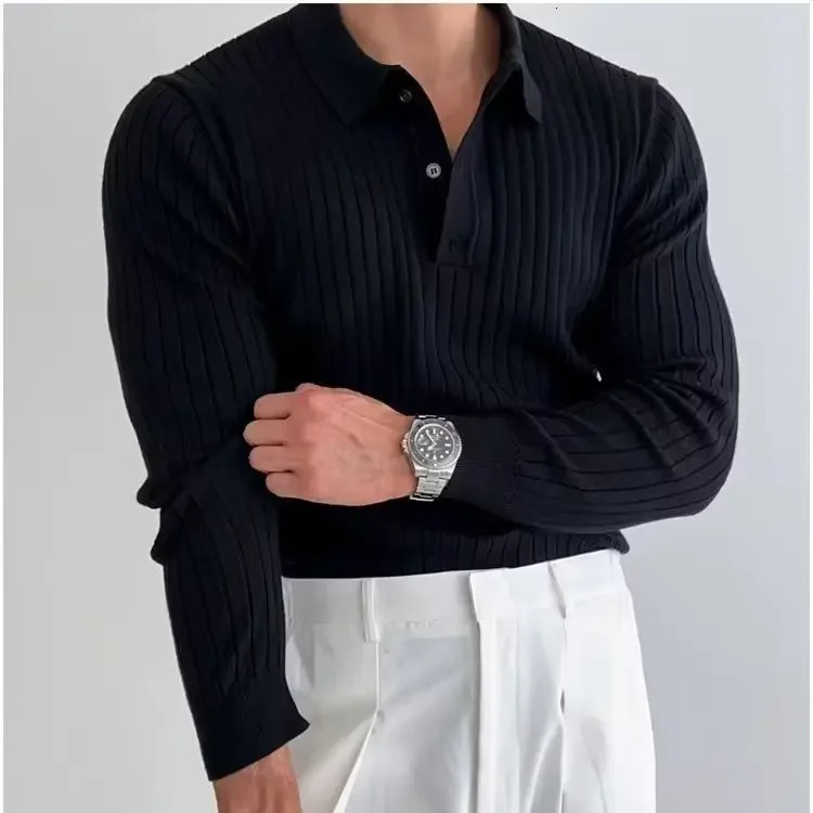 Mens Autumn Polo Shirt Long Sleeve Knitted Top Young Fashion Casual Clothing Loose Button Down Shirt 250103