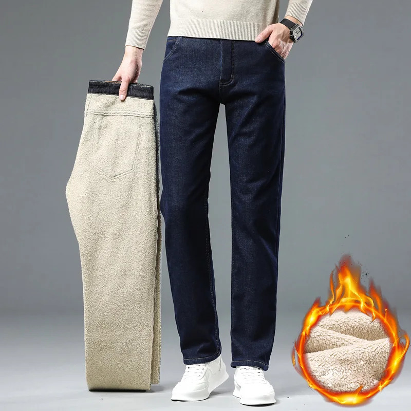 Winter Men Plush Wool Elastic Straight Denim Pants Soft Fabric Thicken High Waist Stretch Jeans Male Warm Fleece Work Trousers 241230