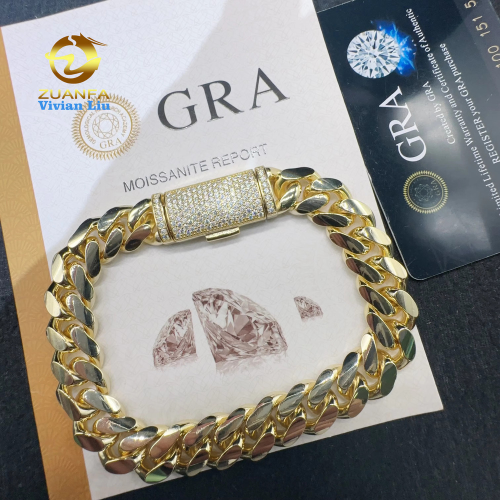 VVS Moissanite Dia Clasp Sterg Sier Hip Hop Jewelry 10K 14K Real Gold Plated 12mm Plain Cuban Bracelet