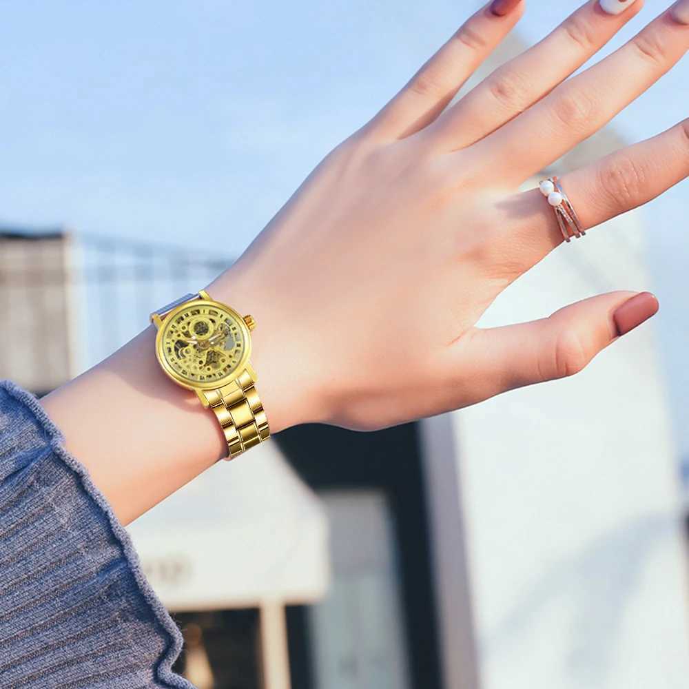 Winner Official Brand Luxury Elegant Womens Skeleton Automatic Mechanical Gold Stainless Steel Womens Watch W250104