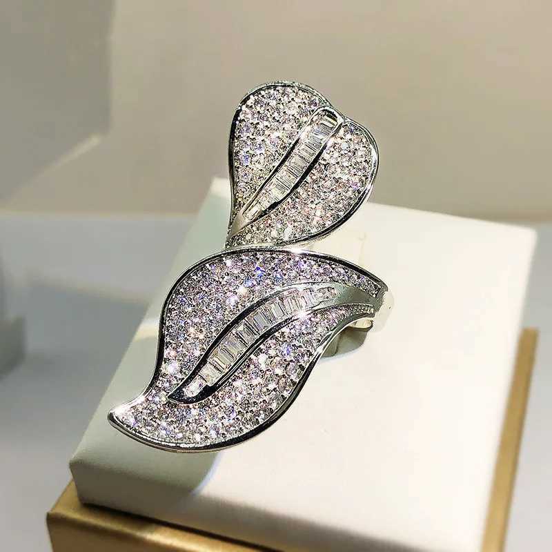 925 Silver Exaggerated Micro-set Zircon Ring Temperament Large Willow Full Diamond Ring Female Party Wedding Jewelry GiftXJ250104