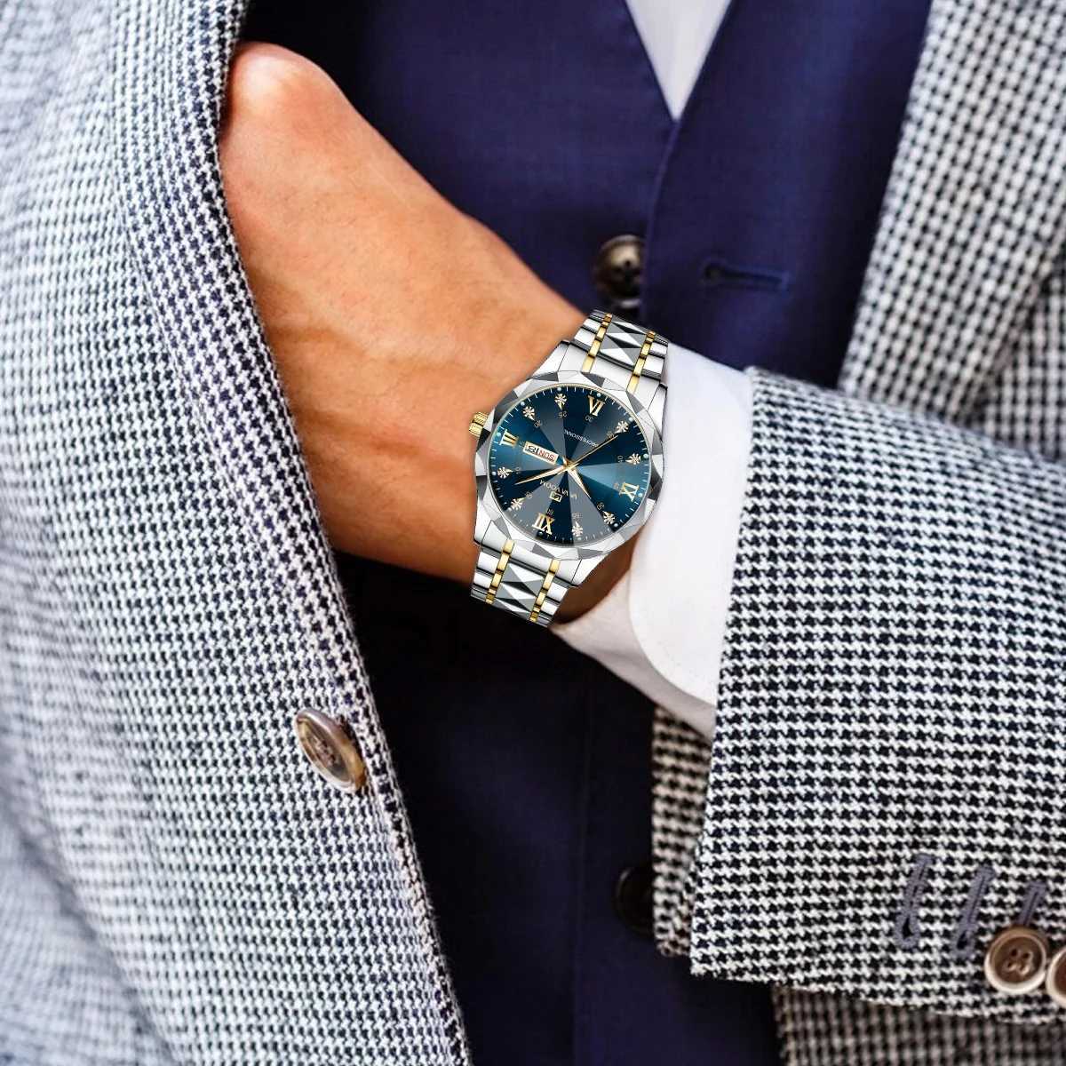 Mens Water Diamond Luxury Luminous Double Calendar Quartz Finish 41mm Blue Gold Stainless Steel Fashion Bus W250104