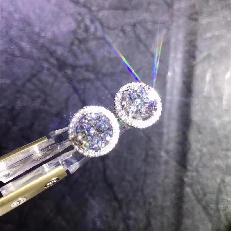 2.00CT Round Cut Moissanite Halo Stud Push Back Earrings For Women 10K White Gold