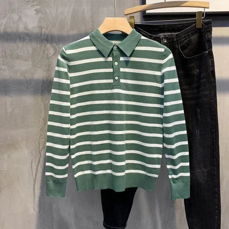 Knitted Winter Tight Mens Clothing Ultra Thin Fit Mens Polo Shirt Green Stripe High Quality Bulk Original Full Set XL 250103