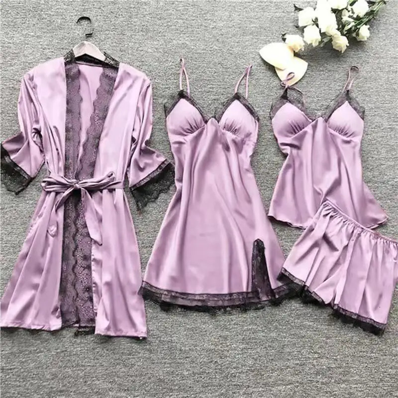 4PCS Sleepwear Pajamas Set Silk Women Nightdress Lace Dress Robe Sleep Nightwear Solid Color Pijama Sets 250103