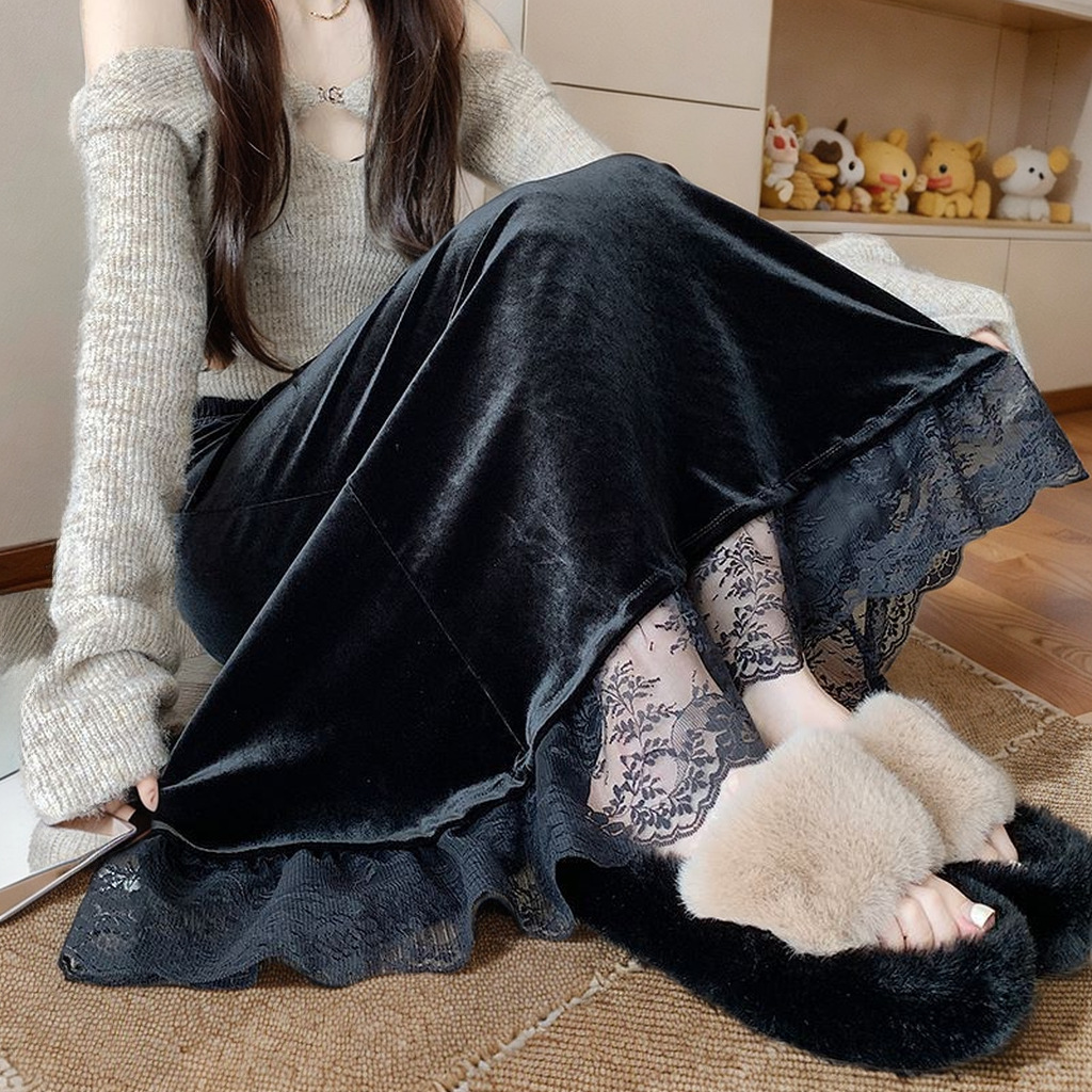 CL119463 Lace splicing gold velvet skirt female autumn and winter high waist slim elastic waist fishtail skirt A-line long skirt