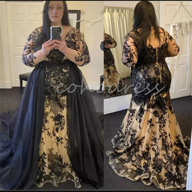 Fantasy Black Gothic Wedding Dress Plus Size Mermaid Country Bridal Dress With Remove Train Bespoke Lace Overskirt Bride Dress Whimsical Vestio De Nov