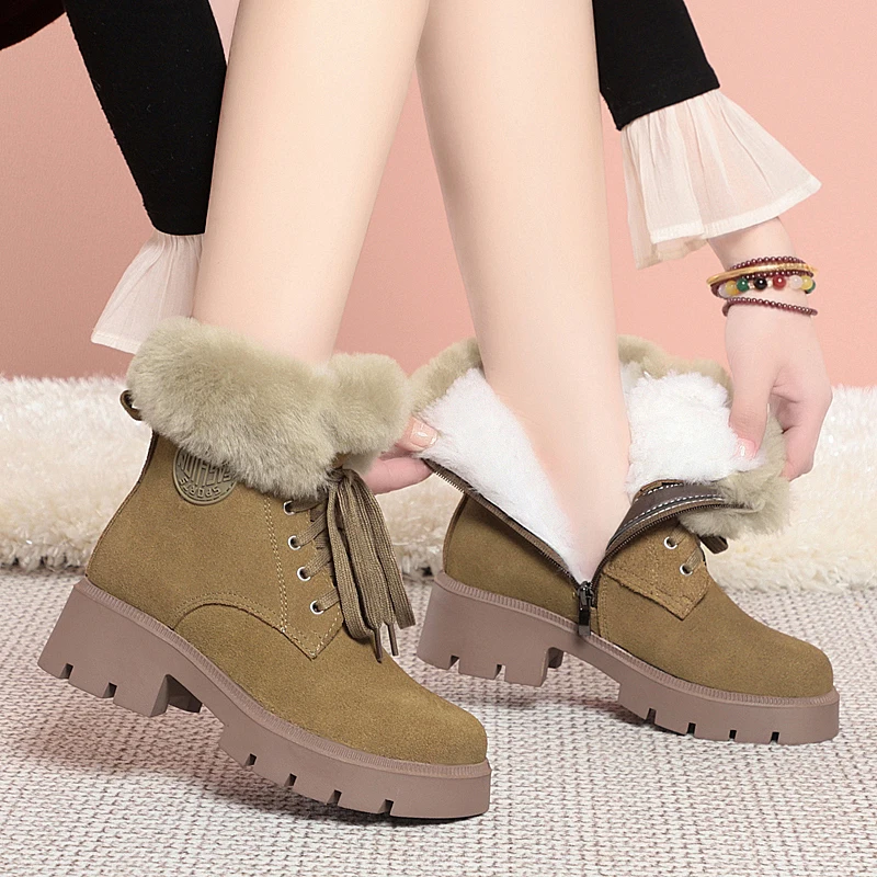 AIYUQI Winter Snow Boots Women Genuine Leather Suede Natural Wool Women Winter Boots Platform Anti Slip Women Ankle Boots