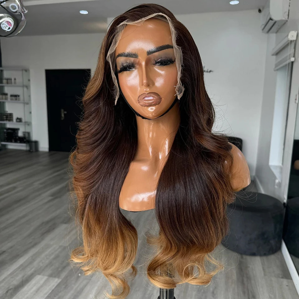 Free shipping 32 Inches Brazilian Ombre Brown High Quality 13x4 Frontal Human Hair Wig Body Wave HD Lace Wigs Synthetic on Sale
