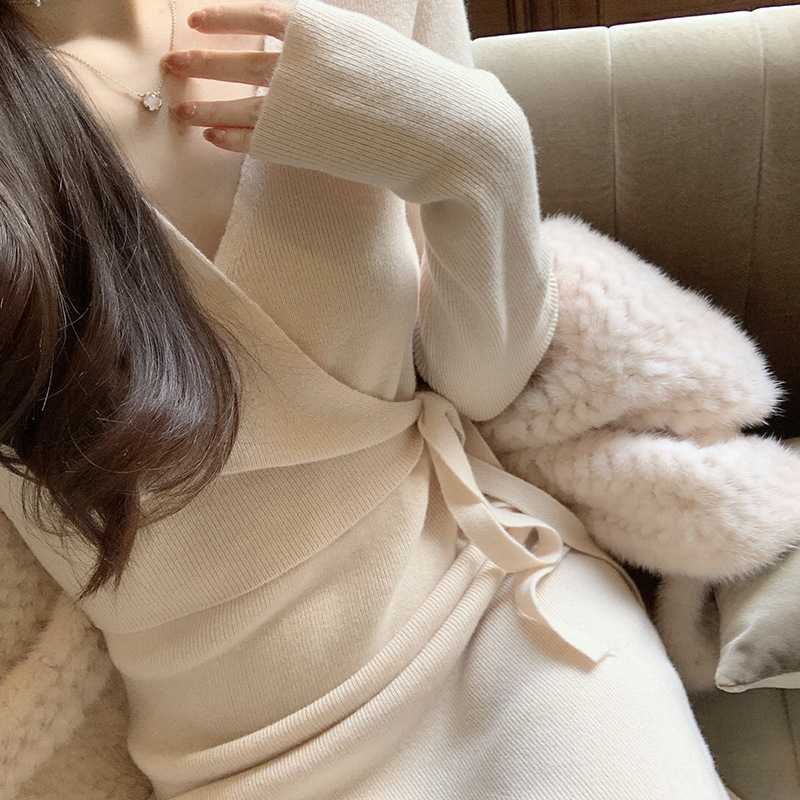 ML11 wool knitted encrypted lace-up dress for women in autumn and winter, new mid-length sweater dress