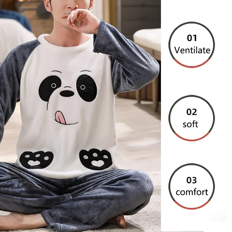 2pcsSet Fall And Winter Facecloth Mens Pajamas Padded Thickened Warm LongSleeved Teenagers Coral Fleece Homewear boy clothes 250103