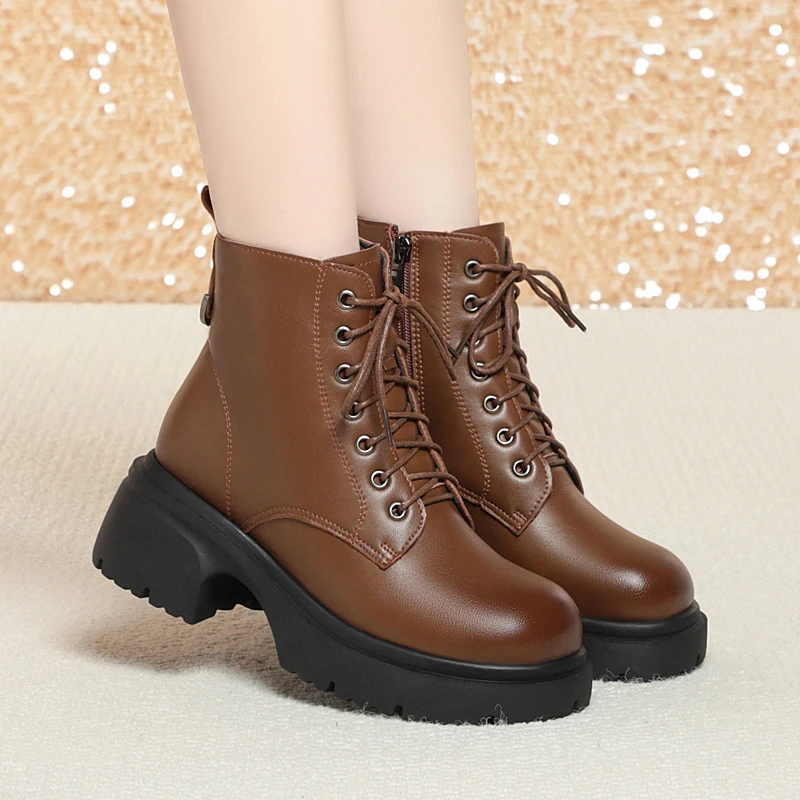 AIYUQI Snow Boots Women Genuine Leather Natural Wool Women Winter Boots British Wind Platform Women Ankle Boot