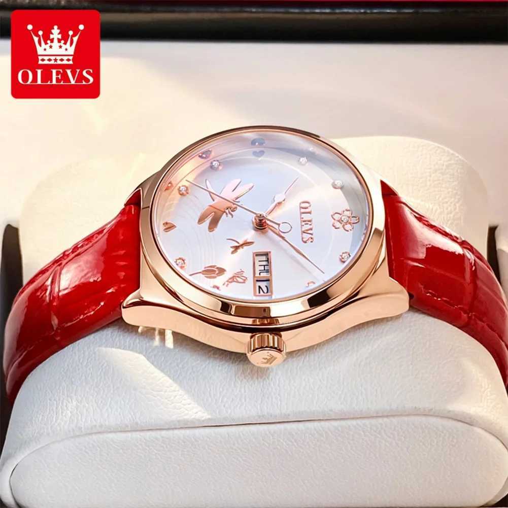OLEVS Womens Automatic Mechanical Luxury Leather Str Dragonfly Skeleton Dial Fashion Womens Watch Reloj Mujer W250104